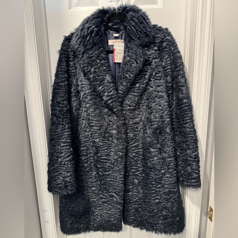 Eliza J Faux Persian Lamb Coat Navy Blue Size M